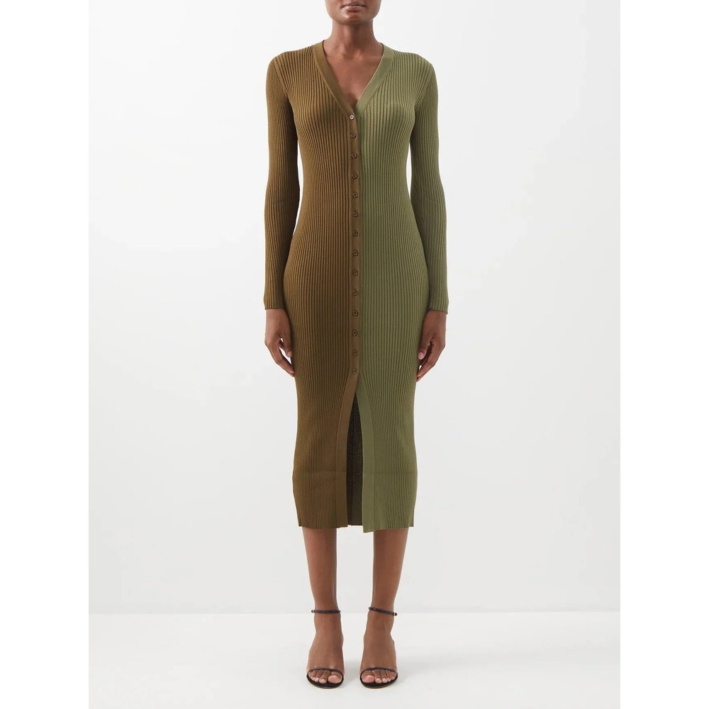 Staud Womens Shoko Ribbed Knit Midi Dress XS Green Two-Tone Cardigan Dress